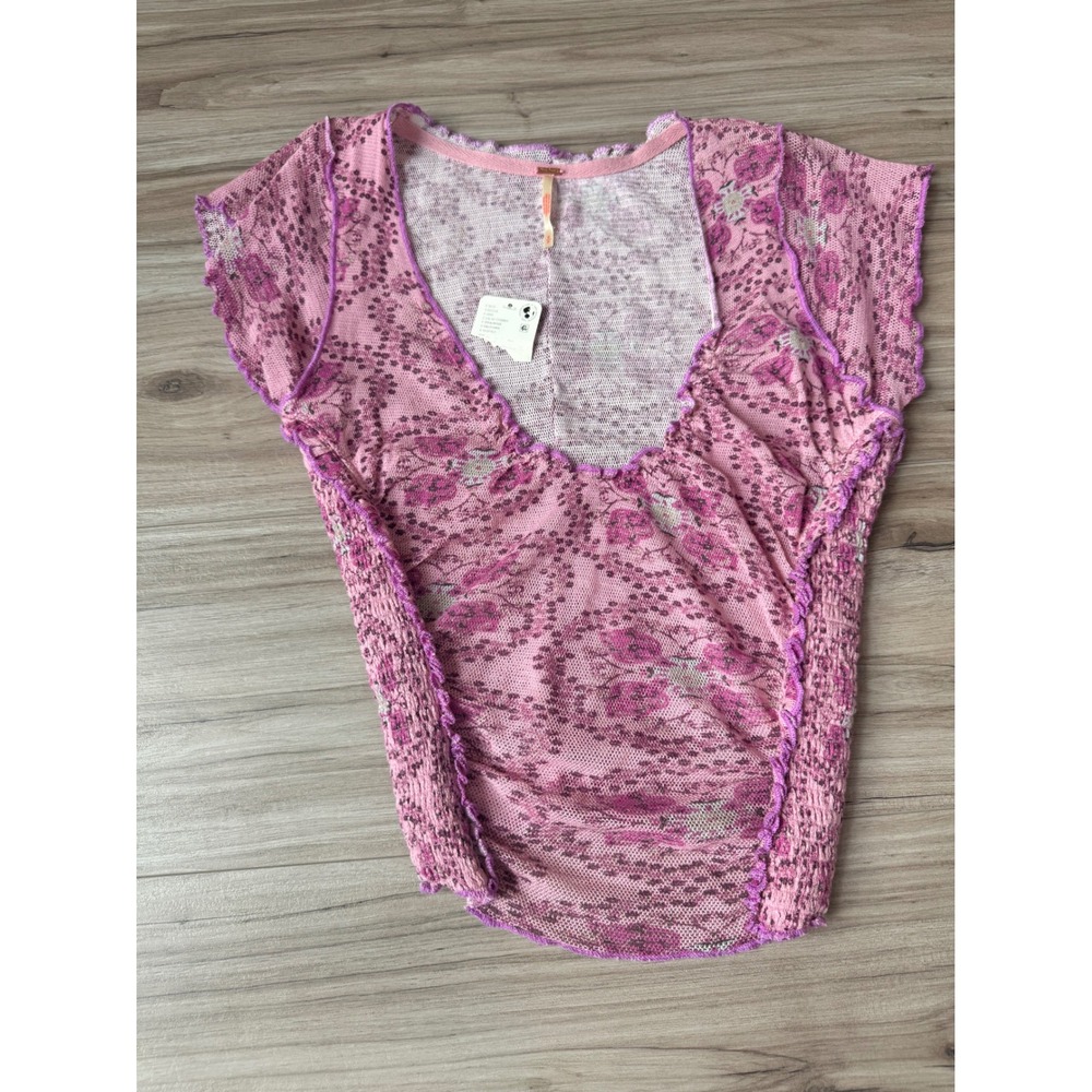 Free People Lilac Pink Floral Mesh Smocked Cap Sleeve Top OB1934008 Womens S NEW